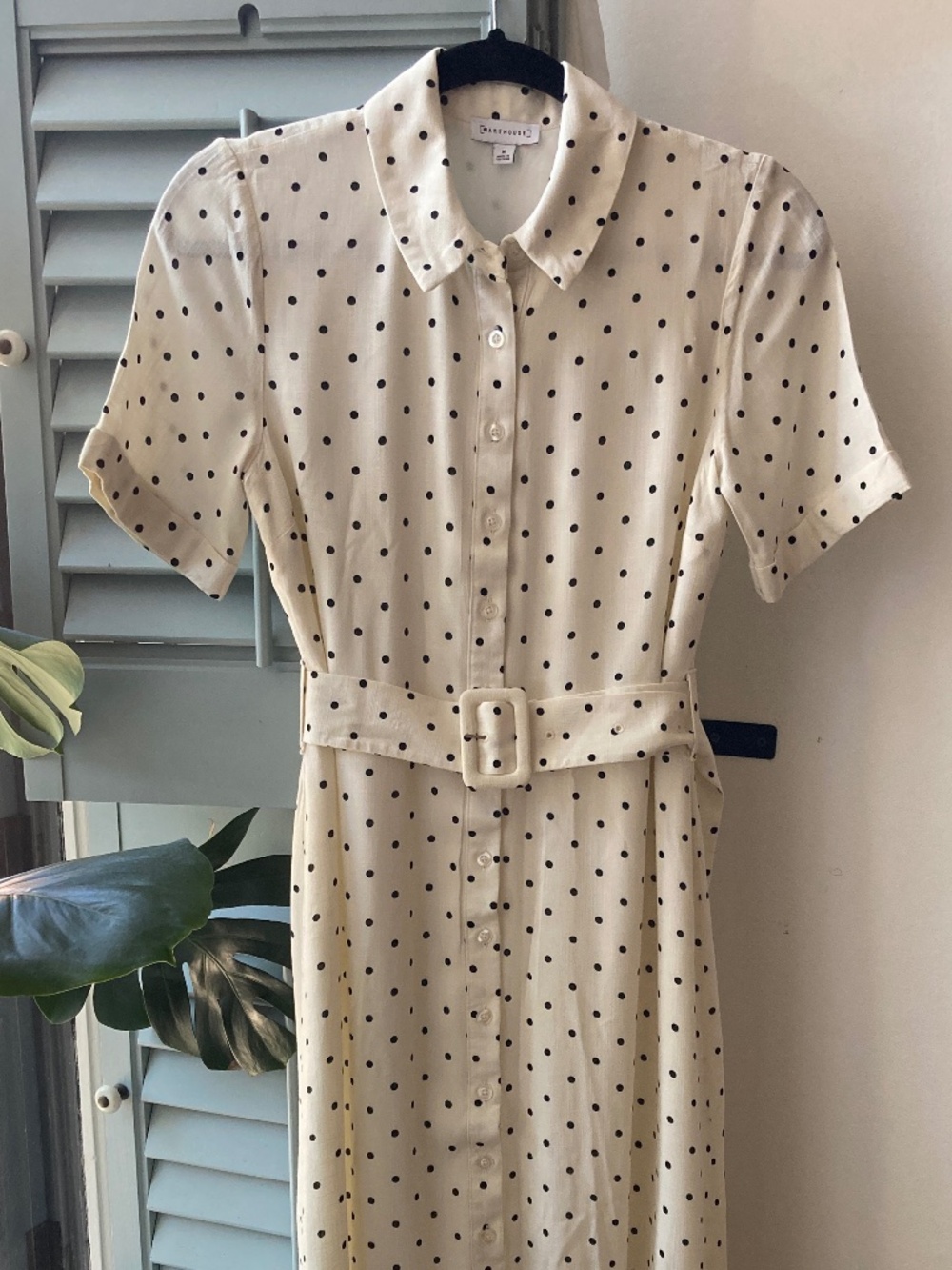 Warehouse London Midi Dress Cream Black Polka Dot, Belt, Pockets size 8